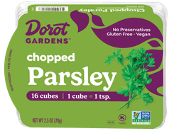 Dorot Gardens chopped parsley product packaging. Pre-portioned for easy cooking.